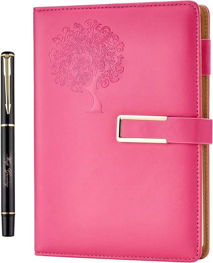 Fanery Sue Tree of Life Refillable Writing Journal for Women&Men Faux Leather Hardcover Notebook A5 College Ruled 200 Lined Pages Lay-Flat Personal Diary with Pen&Magnetic Buckle （Hot Pink