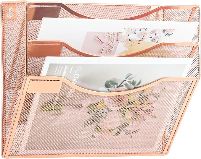 EASEPRES 3 Pocket Mesh Hanging Wall File Organizer, Wall Mounted Mail Paper Document Folder Holder, Clipboard Storage Organization Magazine Rack with Nametag Label for Office Home School, Rose Gold
