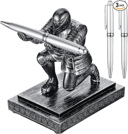 Spakon Knight Pen Holder with 2 Pens Resin Desk Organizers and Accessories Funny Executive Pen Stand Fancy Cool Office Gadgets Cool Desk Decorations for Men Home Supplies(Classic,Iron)