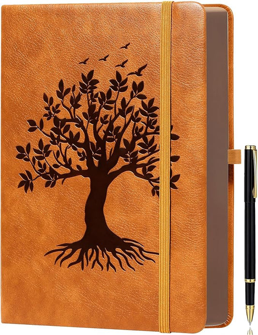 ZXHQ A5 360 Pages Lined Journaling Notebooks with Pen, Journals for Women Men Writing Notebook, Tree of Life Design, Brown Edge Fine Inner Pocket - Light Brown