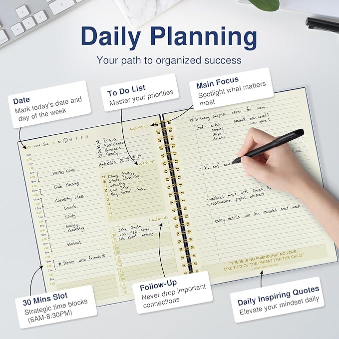 Undated Daily Planner To Do List Hourly Schedule 2027 2026 2025 Calendar & Holiday Habit Tracker 180 Pages Letter Size 8.5" x 11" Sheets Hardcover Spiral Bound Notebook (Navy Blue)