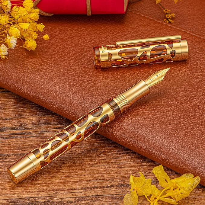 Asvine V169 Vacuum Filling Fountain Pen Medium Nib, Water Drop Skeleton Gold Trim Transparent Coffee Acrylic Pen Case Set
