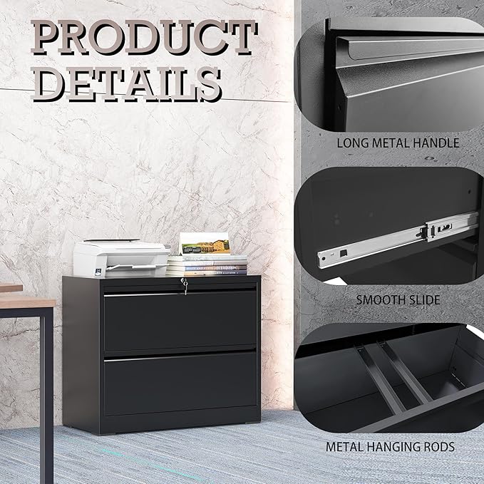2 Drawer Lateral File Cabinet with Lock, File Cabinet, Metal Lateral Filing Cabinets for Home Office, File Storage Cabinet for Legal/Letter/A4 Documents, Assembly Required (Black, 35'W)
