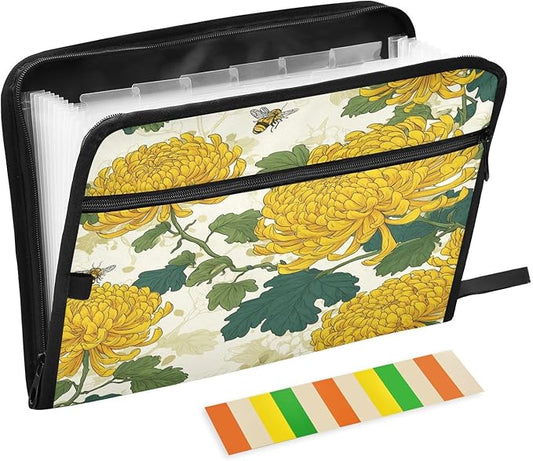 Bees and Fall Chrysanthemums Expanding File Organizer with 13 Pockets Accordion File Folders with Labels,Portable Document Paper Bill Receipt Organizer,Home College School Office Supplies, Lett