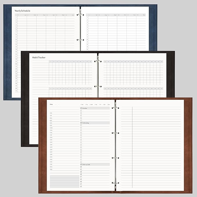 EMSHOI Undated Daily Planner 9.2" X 12", A4 To Do List Notepad, 240 Pages Ring Binder Planner Hardcover Leather Notebook for Work Business Meeting, with Yearly Schedule, Habit Tracker, Blue