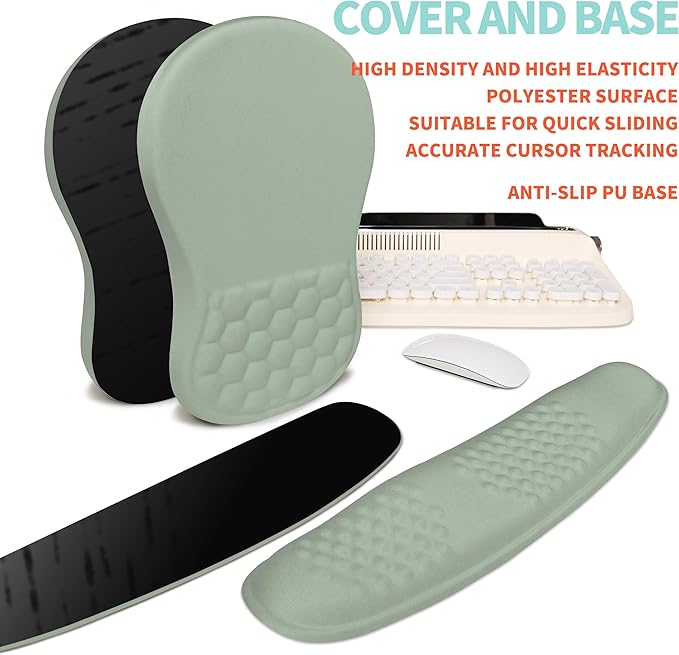 2-in-1 Ergonomic Set, Wave Rise Keyboard Wrist Rest and Massage Bulge Slope Mouse Pad Wrist Support, Cushion Memory Foam Integrated to Relieve Wrist Pain, Light Green