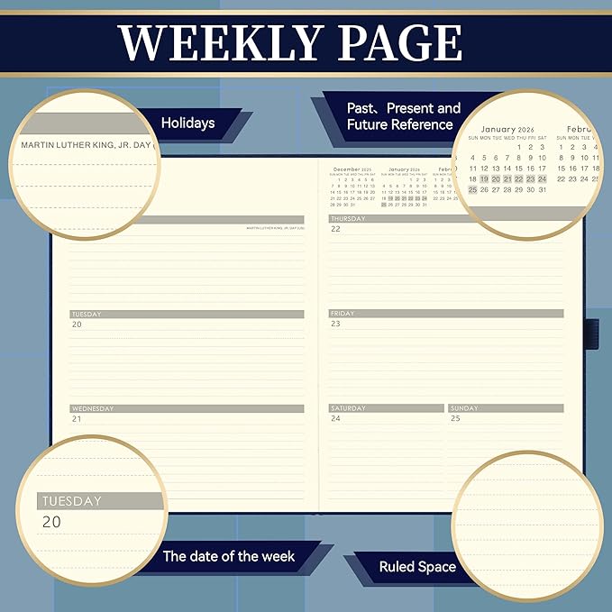 2026 Planner - Planner 2026, Leather Calendar Weekly and Monthly, 9"x11", Jan 2026 - Dec 2026, Leather Hardcover, Pen Loop, Elastic Closure, Pocket - Navy