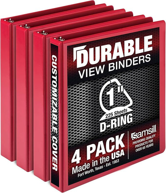Samsill Durable 1 inch 3 Ring Binder, Made in USA, D Ring Binder, FSC 100% Recycled Chipboard, Red, 4 Pack