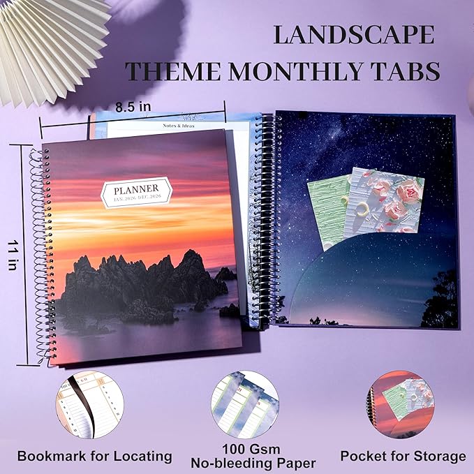 CAGIE 2026 planner Weekly and Monthly Jan 2026-Dec 2026 Hardcover Hourly Daily Planners for Women 26 Calendar Planner with Stickers Spiral Bound Yearly Agenda, 8.5 x 11, Purple