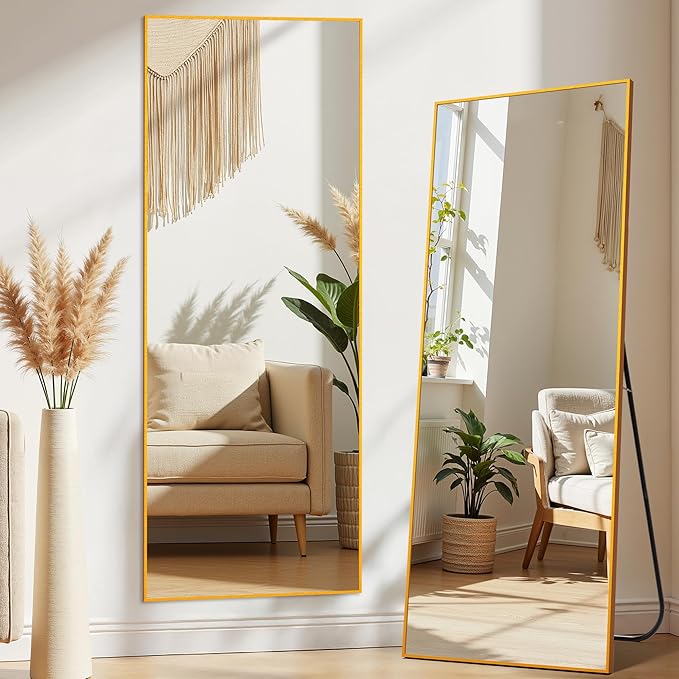 64"×21" Aluminum Gold Frame Full Length Mirror, Large Full Length Mirror for Home Decor, Shatter-Proof Glass Floor Mirror with Stand, Free Standing, Leaning Against Mirror for Bedroom Decor, Gold