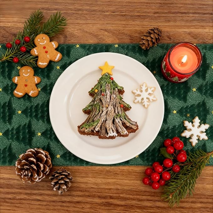Christmas Table Runner 13x108 Inch, Xmas Trees Star Winter Holiday Decorative Farmhouse Table Decorations for Kitchen Dinning, Indoor Outdoor Dinner Party Decor (Green)