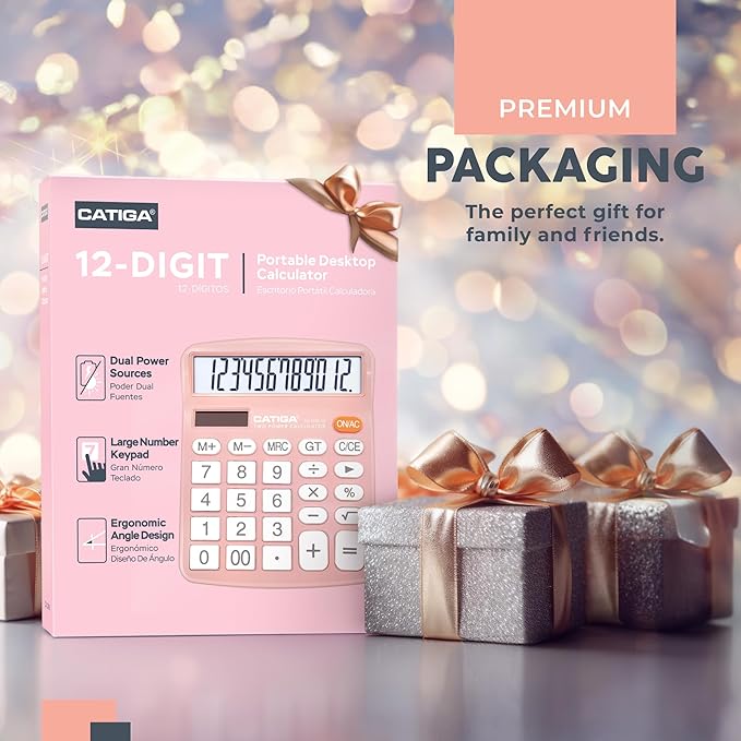 CATIGA 12 Digits Desktop Calculator with Large LCD Display and Sensitive Button, Dual Solar Power and Battery, Standard Function for Office, Home, School, CD-2786(Light Pink)