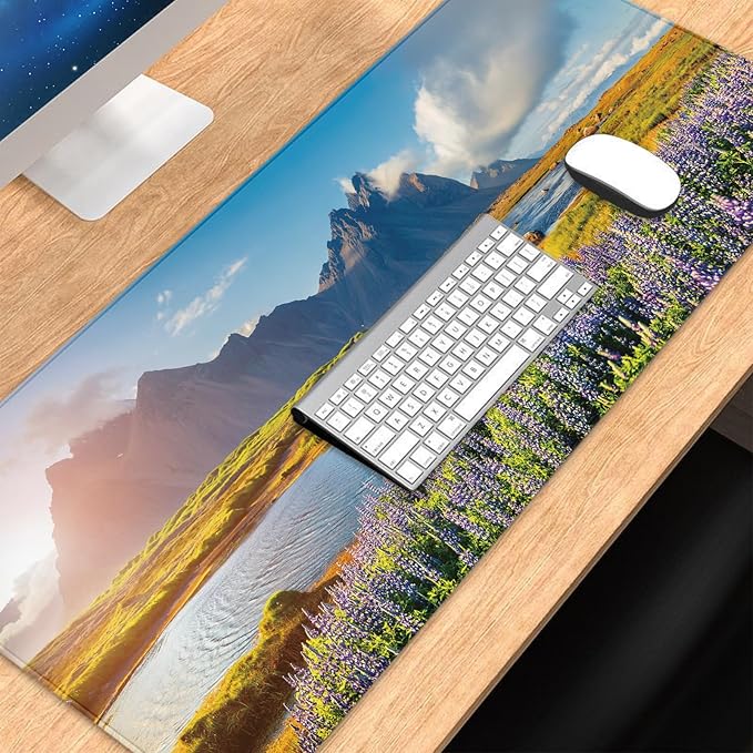 Landscape Gaming Mat, Rocky Mountain Mousepad, Iceland Desk Mat, Mountains Mouse Pads, 3mm Non-Slip Base and Stitched Edge, Wildflowers Keyboard Pad for Work, Home, 31.5 X 11.8 Inch