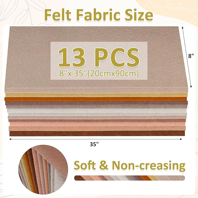 XSEINO 13 Rolls 8"x35" 1.4mm Thick Soft Felt Fabric Sheet 13 Assorted Light Brown Series Colors Felt Pack for DIY Craft Sewing Squares Nonwoven Patchwork