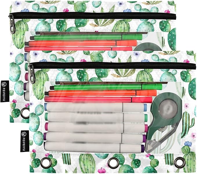 ALAZA Pencil Pouch for 3 Ring Binder, Watercolor Cactus Cacti Binder Pencil Pouches with Clear Window Zipper Pencil Case Cosmetic Bags for Office College Supplies, 2PCS