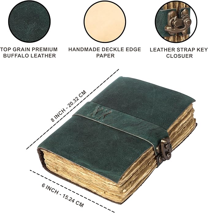 Vintage Leather Journal Handmade Buffalo Non-Refillable Deckle Edge Paper – Leather Bound Journal for Women, Men, C-Lock Closure Ideal for Writing & Travel for Artists (Sea Green)