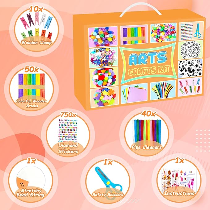 2000 PCS Arts and Crafts Supplies for Kids All-in-1 Craft Kit with Pipe Cleaners Craft Box Set DIY Crafting Supply School Supplies Toys Gifts for Girls Boys Ages 4-6, 6-8, 8-12, Orange