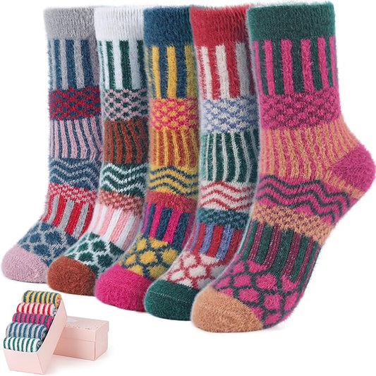 ICEIVY 5 Pair Fuzzy Cozy Socks for Women - Warm Comfy Soft Casual Home Sleep Winter Wool Socks - Gifts for Women