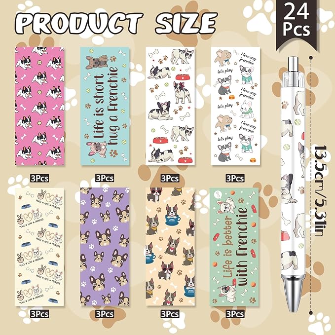 French Bulldog Ballpoint Pens - 24Pcs Cartoon Dog Pen Set Frenchie Animal Retractable Smooth Writing Ballpoint Pen Gift for Women Men Dog Lovers Teen Office Teacher Students Party Supplies