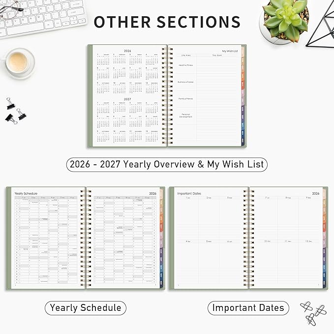 RETTACY 2026 Planner, Weekly and Monthly, Large Size (8.5" x 11"), Jan - Dec 2026, Agenda, Calendar, 12 Month Tabs, Flexible Plastic Cover, 100 GSM Thick Paper, Spiral-bound (Light Green)