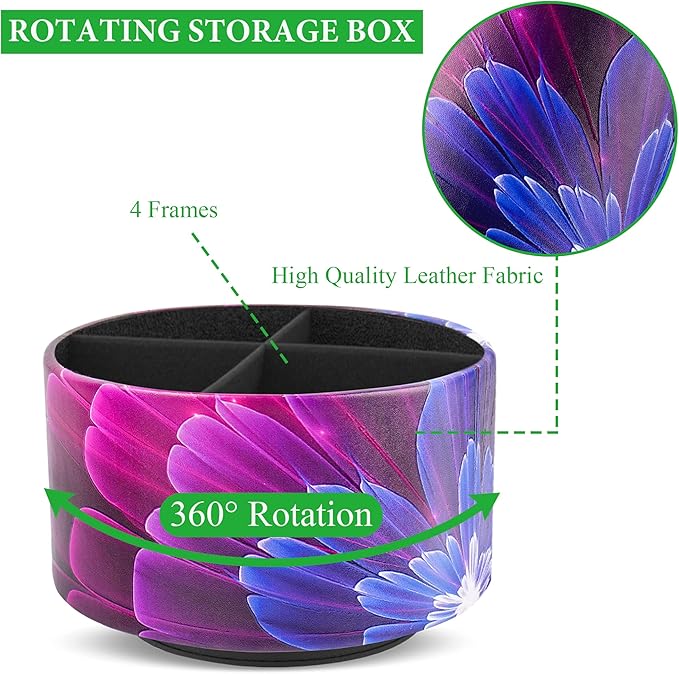 lizimandu Round Leather Art Supply Organizer,Remote Control Holder,360 Degree Spinning,Multi-Functional Pencil Holder,4 Compartments Desktop Stationary Organizer(1-Blue Fractal Flower)
