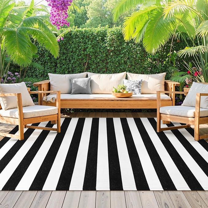Black and White Striped Rug 5' 7" x 7' 7" Washable Large Patio Rug Cotton Hand Woven Indoor Outdoor Rug for Porch Backyard Dining Room Entryway Halloween Autumn Decorations