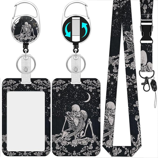 Lanyards with Id Holder,Skull ID Badge Holder with Retractable Lanyard, ID Holder with Badge Reel Clips, Name Tag ID Card Holder Teacher Women Doctor Office Gift