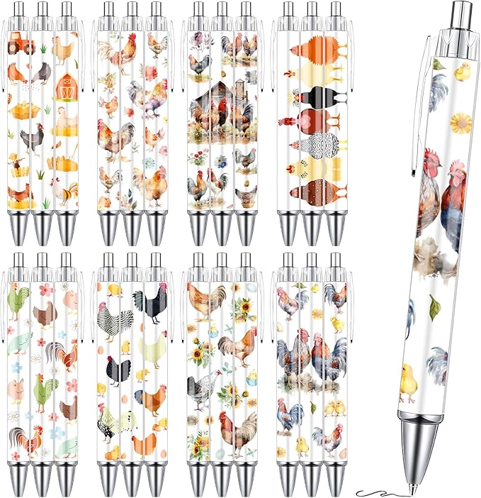 Chicken Ballpoint Pens Gifts - 24PCS Cute Roosters Pens Set Retractable Farm Animals Pens Smooth Writing Cartoon Chicken Pens for Office Stationery School Supplies for Women Teacher Gift