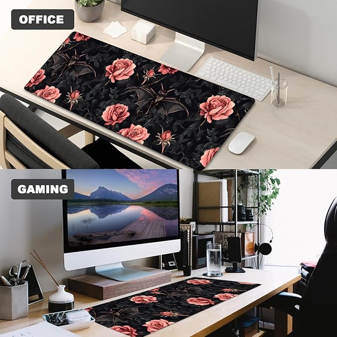 Gothic Bat & Rose Gaming Mouse Pad – 12x31.5in Non-Slip Rubber Desk Mat with Dark Floral Design – Large Extended Mouse Pad for Office Home – Ideal Deskmat Gifts for Goth Decor & Nature Lover