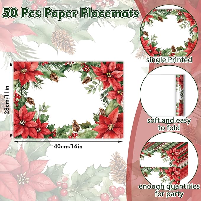 50 Pack Christmas Velvet Poinsettia Paper Placemats,16x 11 Inch Red Poinsettia Flower Disposable Placemats Poinsettia Golden Table Mats for Kitchen Dining Winter Holiday Christmas Party