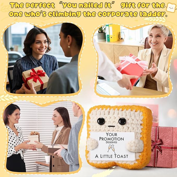 Crochet Toast Promotion Gifts – Handmade Congratulations Plush - Funny Career Change New Title Gift for Coworker, Friend, Son, Daughter, Boss, Manager, Employee – Small Office Decor for Desk