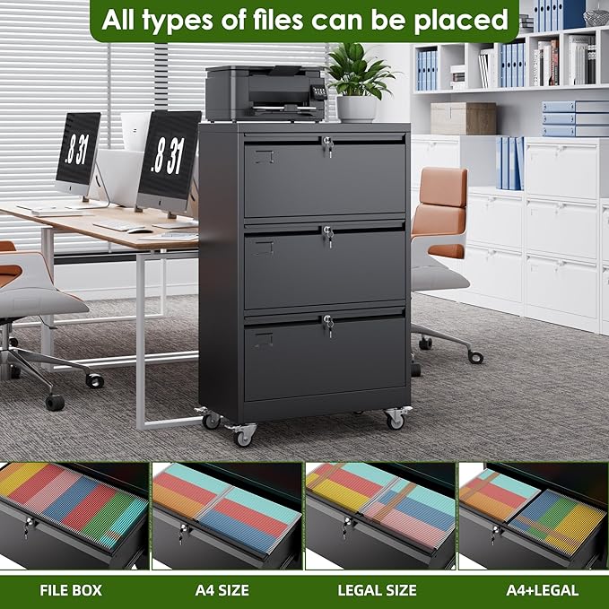 Aobabo 3 Drawer Wide File Cabinet with Wheels, Lockable Metal Filing Cabinet for Home Office, Legal/Letter Size,Black,Required Assembled,15.87" D x 28.94" W x40.48 H