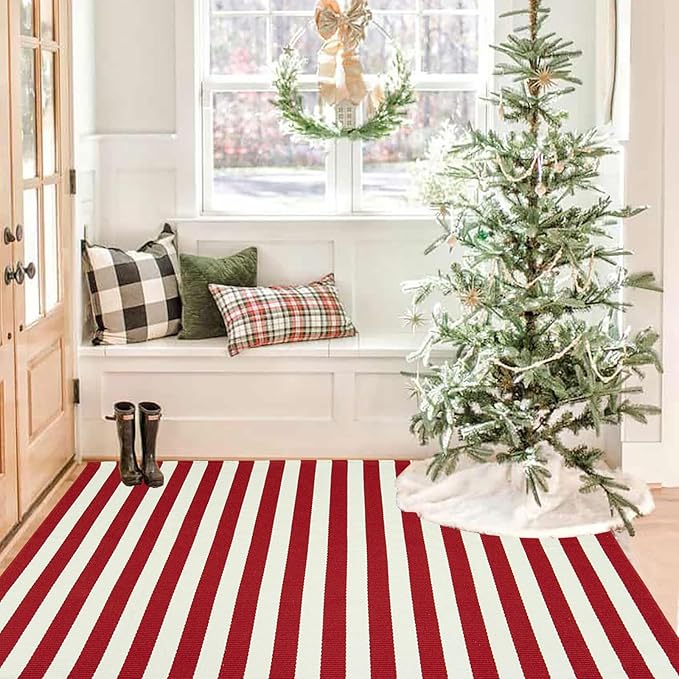 Christmas Outdoor mat Red and White Striped Outdoor Rug Front Porch Rug,Christmas Home Decor, Layerd Welcome Doormat for Front Porch Decor, Front Door, Farmhouse Decor (Red and White, 36''x60'')