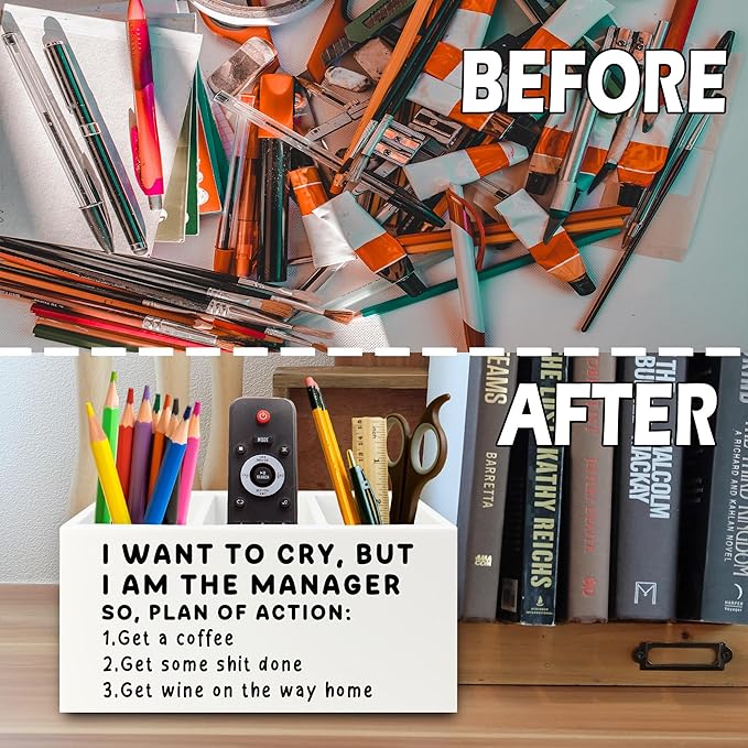 Funny Pen Office Pencil Holder Organizer for Desk, Manager Gifts for Women Men, Funny Coworker Gifts Wooden Box Sign for Home Office Desk Tabletop Decorations