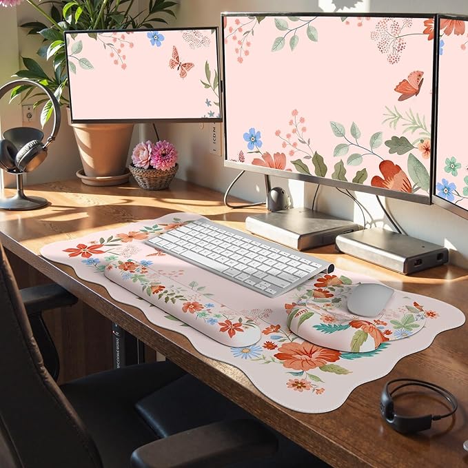 Pink Desk Cover Mat, Ergonomic Mouse Pad with Wrist Support, Girly Aesthetic Office Stuff, Scalloped Floral Desk Protector for Office Must-Haves, Work