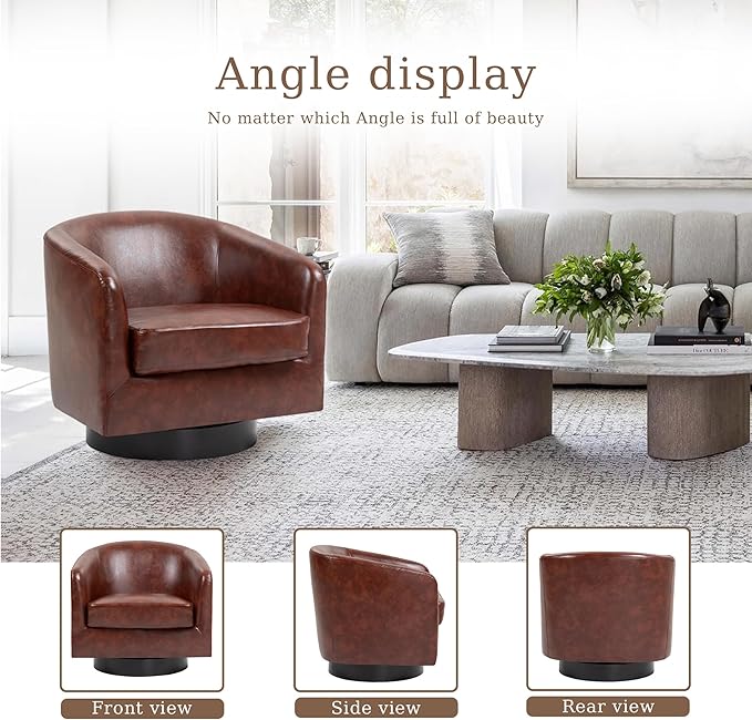 UIXE Faux Leather Swivel Accent Chair with Wood Base, Modern Upholstered Barrel Chairs for Living Room, Comfy Round Armchair Single Sofa Bedroom Reading Seat - 31" W, Red Brown