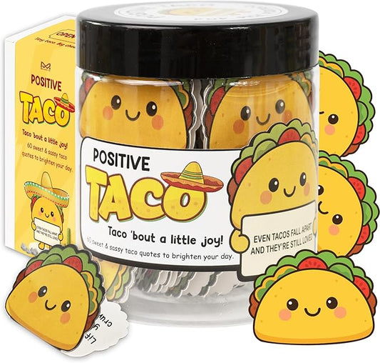 Positive Taco Jar – 60 Funny Emotional Support Taco, Back to School Gifts for Teachers, Students, Birthday Gifts for Women, Men, White Elephant Gift, Teen Girl Gifts Trendy Stuff, Friends Gifts