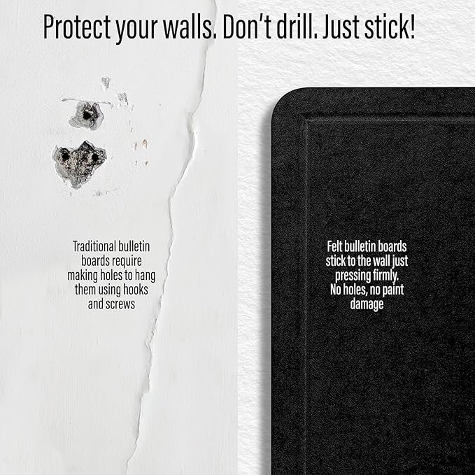 Large Bulletin Board 36 x 18 Inches - Foldable Felt Bulletin Board for Wall, Cork Board Alternative with 50 Color Pins & 6 Note Pads, Vision Board - Black