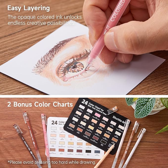 Shuttle Art Colored Pens, 24 Skin Tone Colors Cute Journal Pens 0.6mm Fine Point Colored Gel Pens for Black Paper Adult Coloring Writing Drawing Journaling Note Taking School Office Home