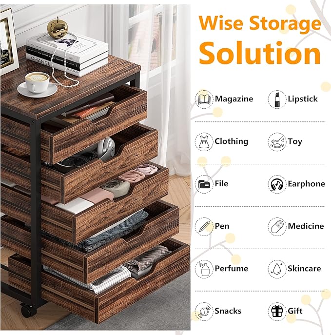 Tribesigns 5 Drawer Chest, Wood Storage Dresser Cabinet with Wheels, Industrial Storage Drawer Organizer Cart for Office Bedroom Entryway (Rustic Brown, 1 PC)