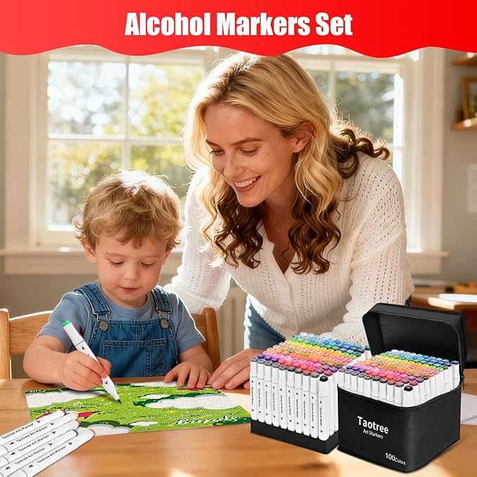 Taotree Alcohol Markers 100 Colors with Case & Holders, Dual Tips Art Coloring Markers Pens, Chisel & Fine Art Supplies Sketch Pens for Artist Kids Adult Coloring Books Drawing, Painting, Sketching