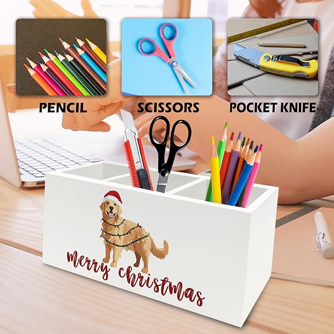 Golden Retriever Christmas Pen Pencil Holder Organizer for Desk, Merry Christmas Funny Xmas Santa Dog Wooden Box Signs Decorations for Home Office Desk Tabletop, Golden Retriever Lovers Gifts