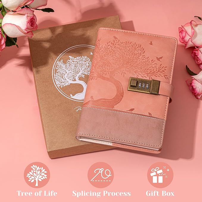 Pink Diary with Lock for Women Girls 256 Pages Leather Password Journal with Lock A5 Vintage Locked Journals for Writing Note Taking, 5.9x 8.3 in