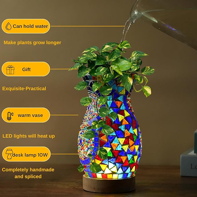 Mosaic Vase Lamp, Turkish Moroccan Table Lamp, Colorful Handmade Glass Vase, Water-Fillable, Vase, Decorative Lamp, Three-Color Light, Suitable for Bedroom Ambient Living Room Farmhouse