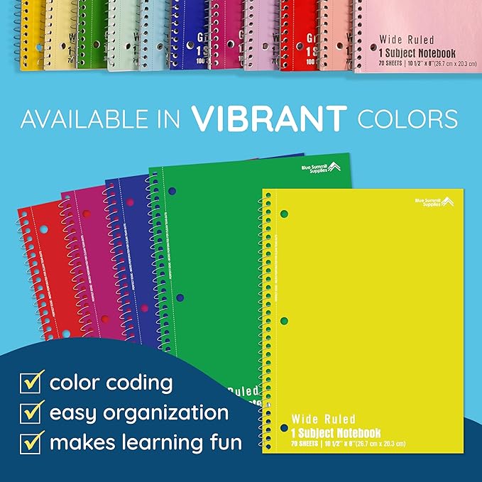 Blue Summit Wide Ruled Spiral Notebooks Bulk, 1 Subject Spiral Notebook Wide Ruled, Paper School Bulk Notebooks, 24 Pack