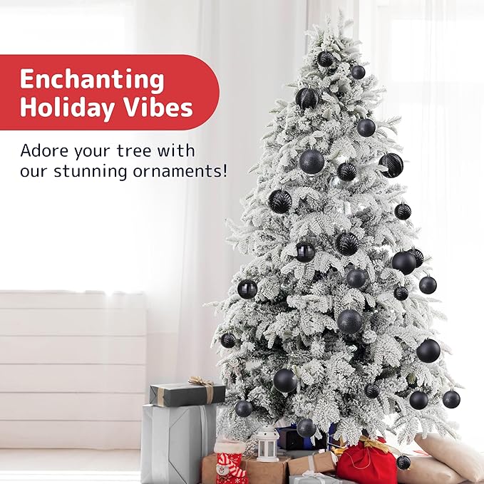 PREXTEX 36 Piece Christmas Ornaments Set - Black Shatterproof Balls in 6 Styles and 3 Sizes with Hanging Loops - Elegant Christmas Tree Decorations for Indoor and Outdoor Black Xmas Tree Display