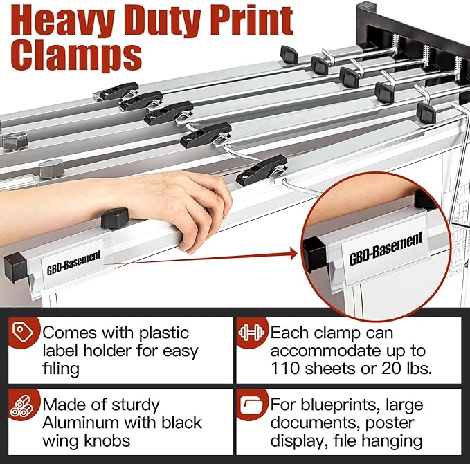 Estune Blueprint Hanging Clamps Binding Strips Storage for Construction Paper Poster Plans Drawings Arts (12, 24 Inches)