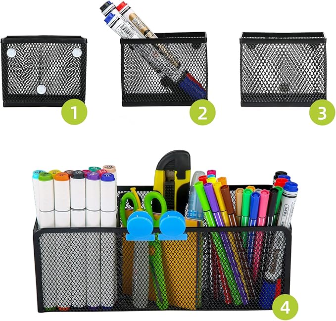 Neudeco Magnetic Pencil Holder, Locker Shelf Organizer, Metal Storage Basket for Whiteboard, Refrigerator, Ideal Cabinet for School, Black (Pack 4)