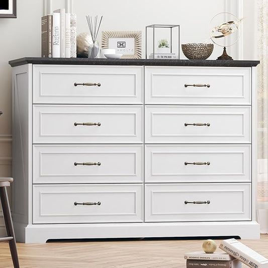 8 Drawer Dresser for Bedroom, 47" Wide Wooden Chest of Drawers, Rustic Farmhouse Dresser with Large Drawers & Metal Handles, Modern Storage Organizer for Closet, Living Room, Hallway, White