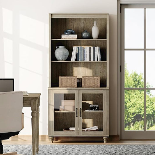 WAMPAT 5 Tier Farmhouse Bookshelf 72" Tall Bookcase with Glass Doors, Large Display Book Shelf with Adjustable Shelves and Storage Cabinet, Wood Bookshelves for Living Room & Study Room, Wash Grey